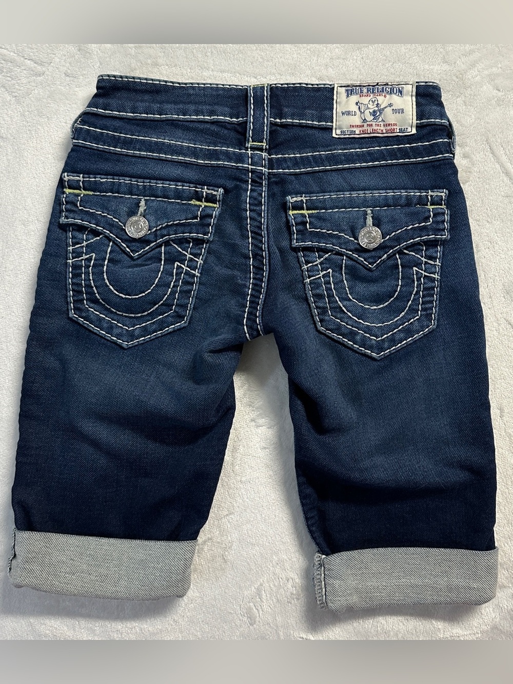 Y2K TRUE RELIGION women's navy faded embroidered knee length denim shorts, 23".